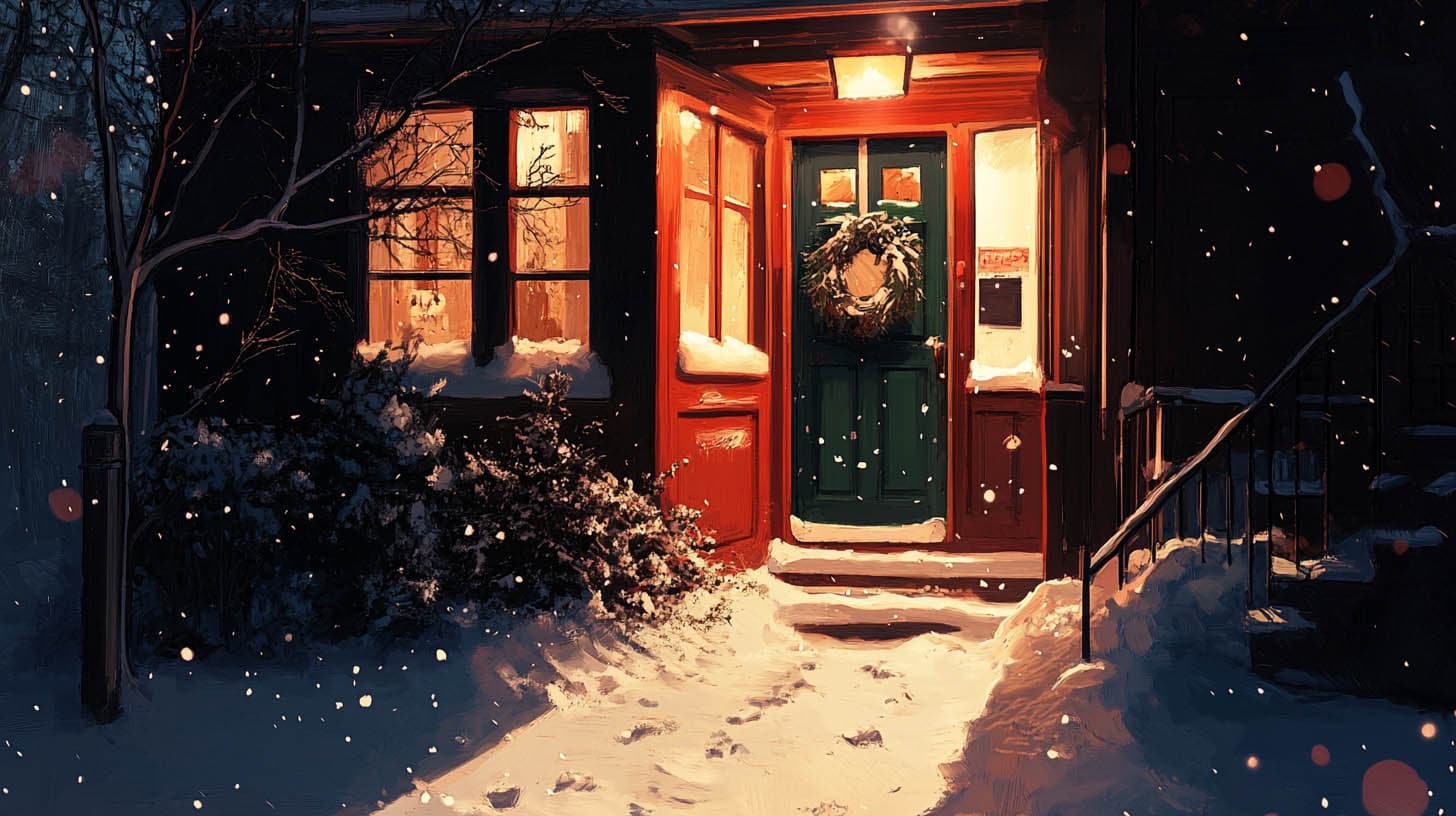 Cozy house entrance with a green door adorned with a wreath, warmly lit from inside, surrounded by snow and falling snowflakes at night