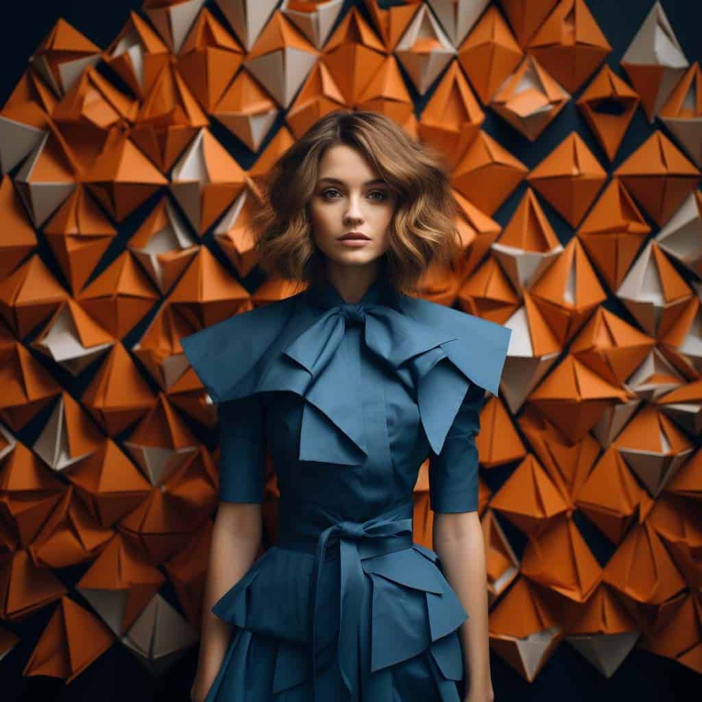 AI-generated image of a woman in an avant-garde blue origami-inspired dress, standing against a vibrant geometric orange paper backdrop