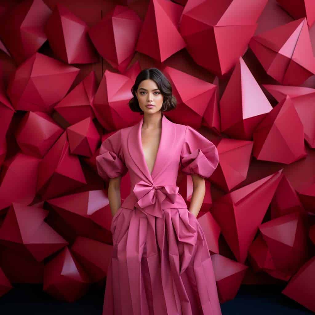 AI-generated image of a stylish woman in a bold pink origami-inspired dress, standing against a geometric red backdrop