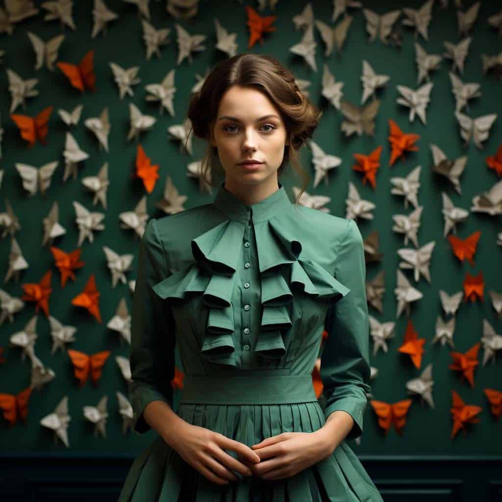 AI-generated image of a woman in a vintage-inspired green dress, standing against a wall adorned with folded paper butterflies in green, white, and orange