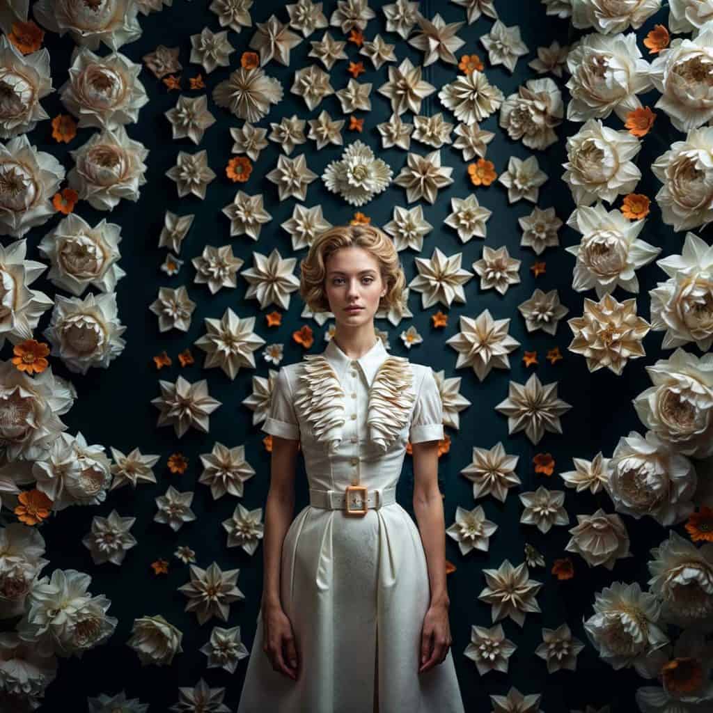 AI-generated image of a woman in an elegant cream dress, standing against a backdrop of origami flowers and stars in ivory and orange.