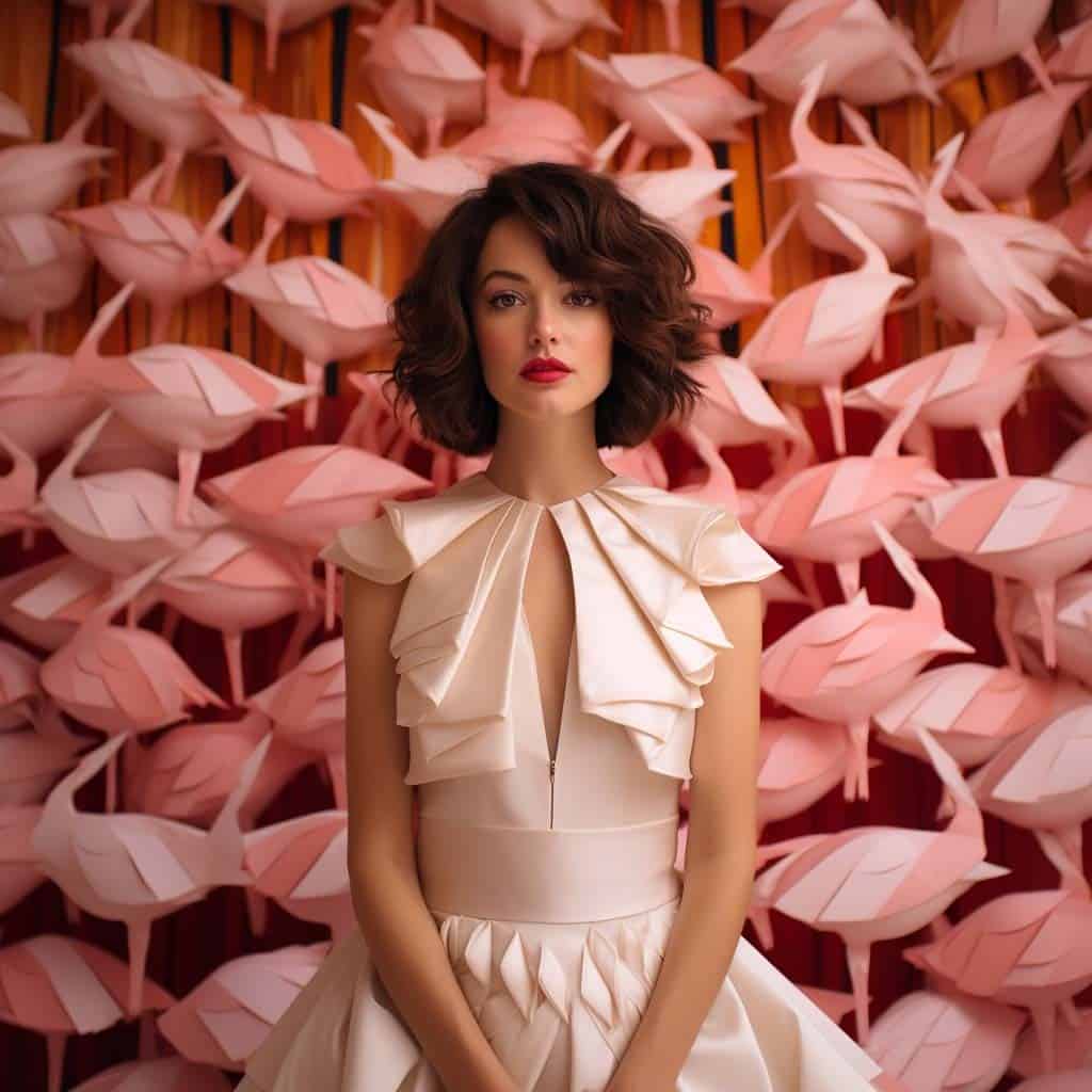 AI-generated image of a woman in an elegant cream dress inspired by origami, standing against a backdrop of paper swans in soft pink tones.