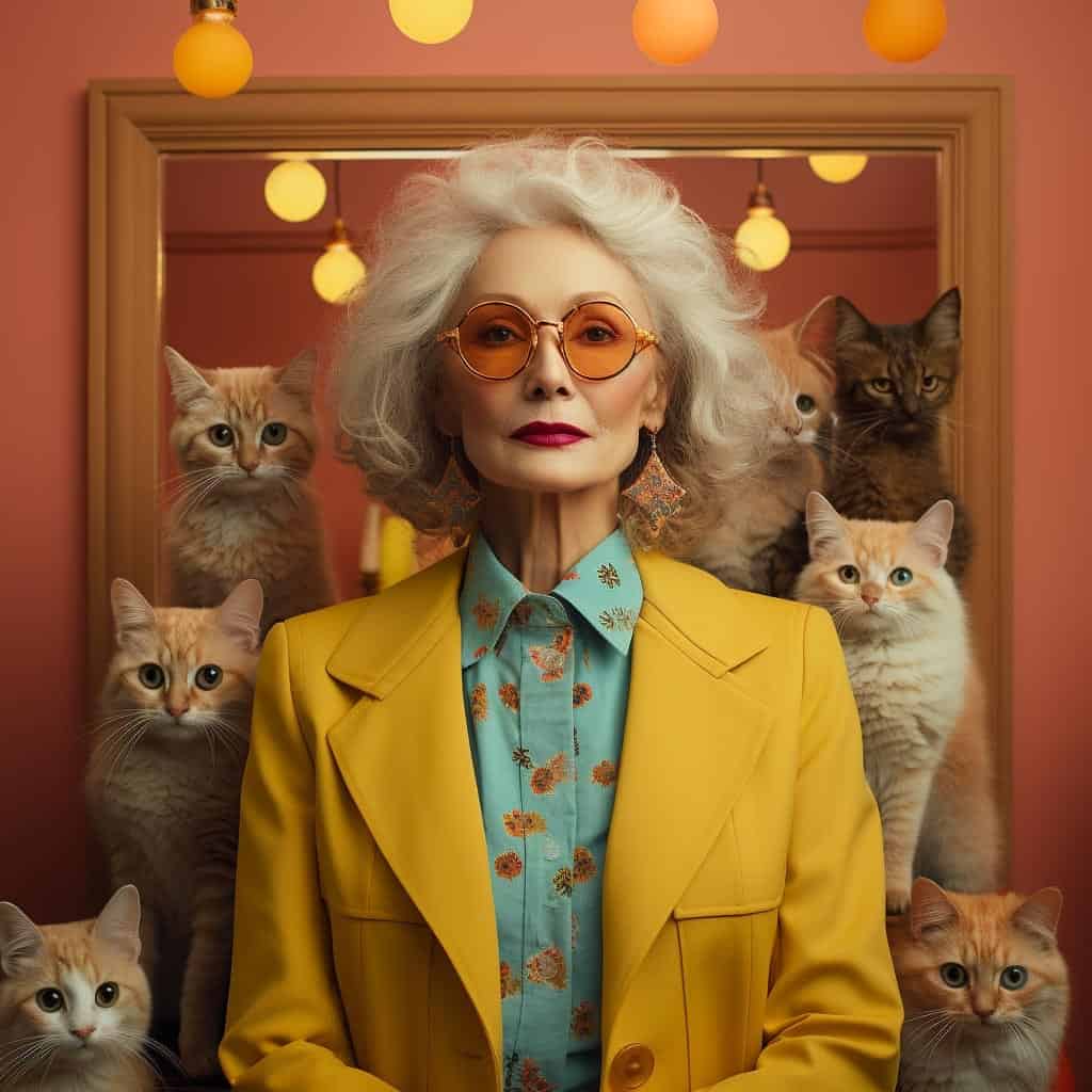 AI-generated portrait of a stylish elderly woman with white hair wearing yellow sunglasses and a yellow blazer, surrounded by cats, set against a retro pink and orange background