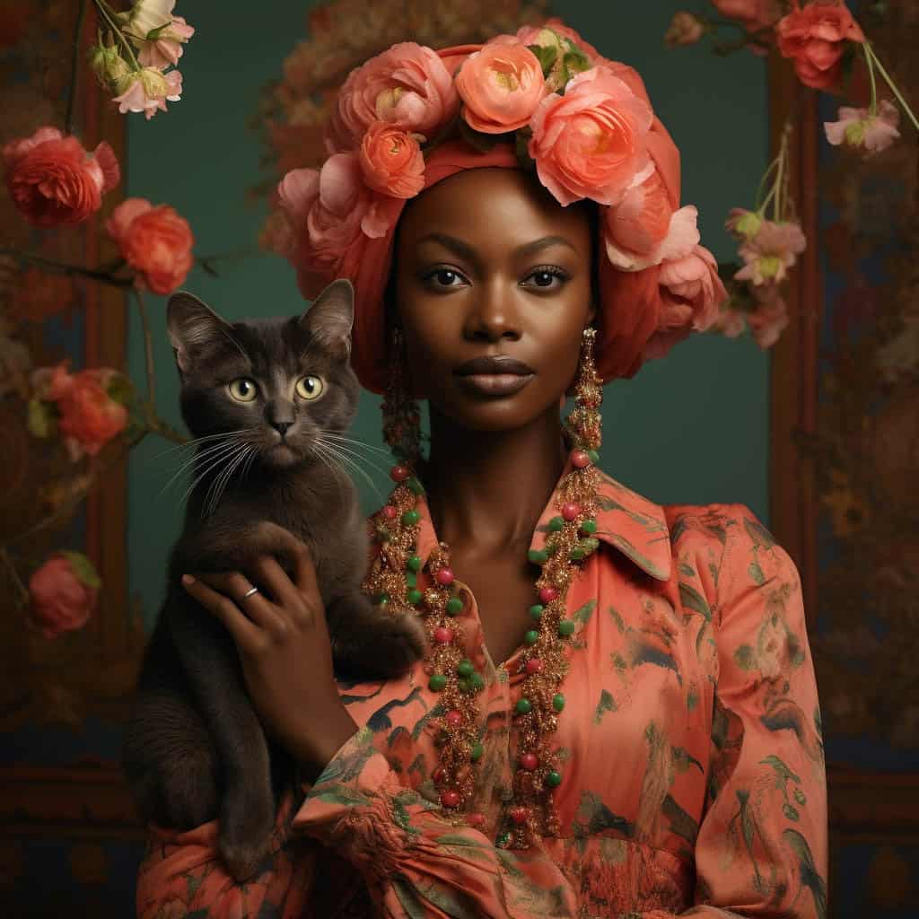 AI-generated portrait of an elegant woman wearing a floral headpiece, holding a cat, dressed in a vibrant, patterned outfit with a dark, romantic background