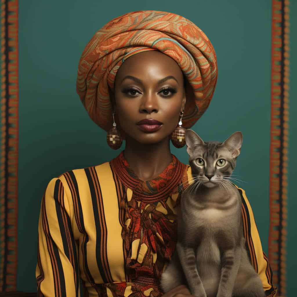 AI-generated portrait of an elegant woman with a patterned headwrap, wearing a striped dress, holding a cat, set against a teal background with decorative trim.