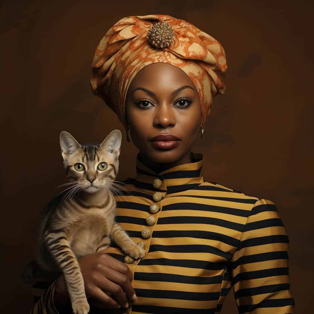 AI-generated portrait of an elegant woman wearing a striped dress and ornate headwrap, holding a cat, set against a warm, dark background