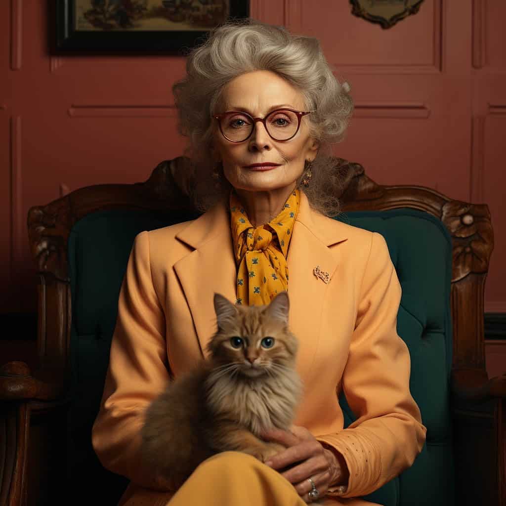 AI-generated portrait of an elderly woman with gray hair, wearing a peach-colored suit and glasses, holding a fluffy cat, set in a classic vintage room