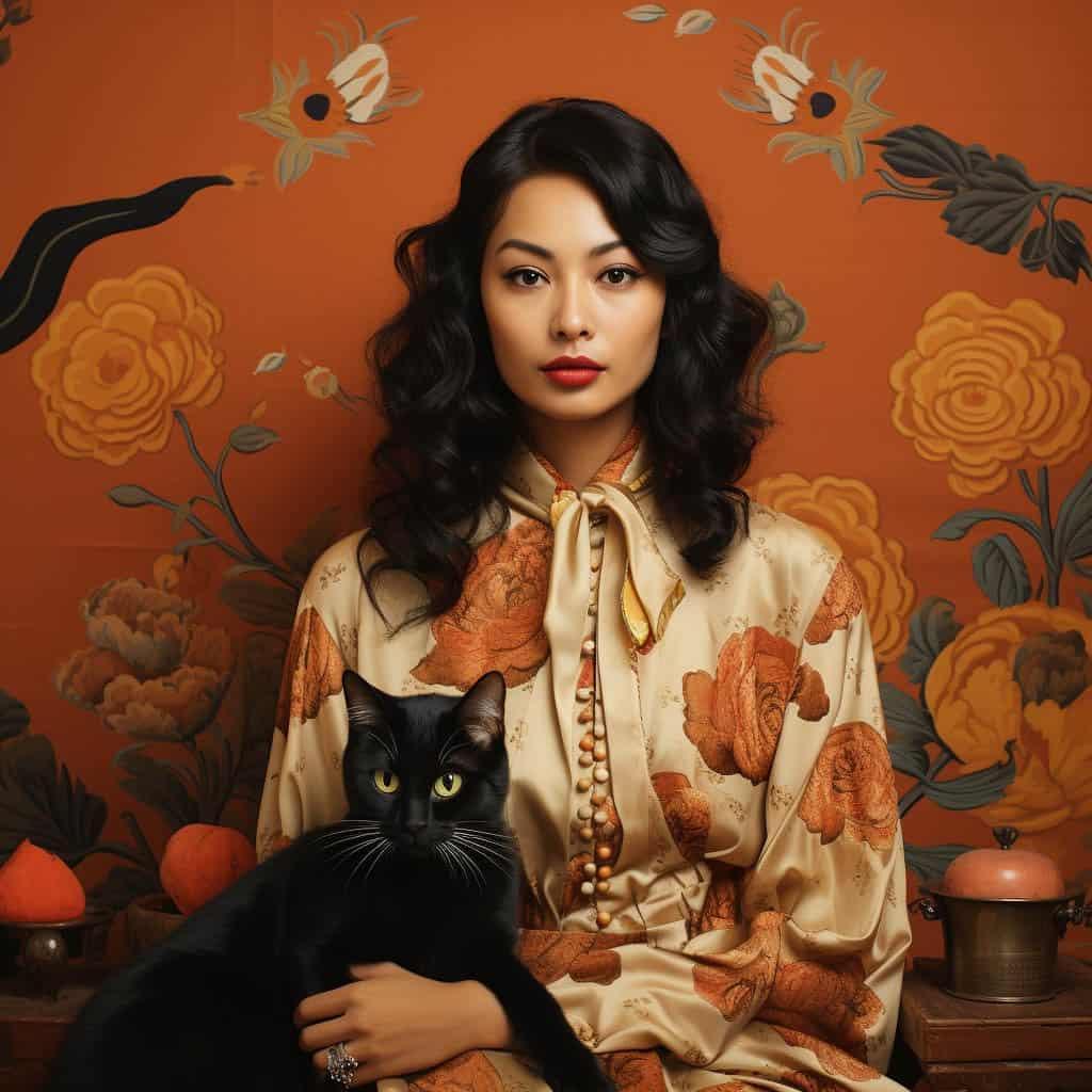 AI-generated portrait of an elegant woman with dark wavy hair, wearing a cream floral dress, holding a black cat, set against an orange floral-patterned background.