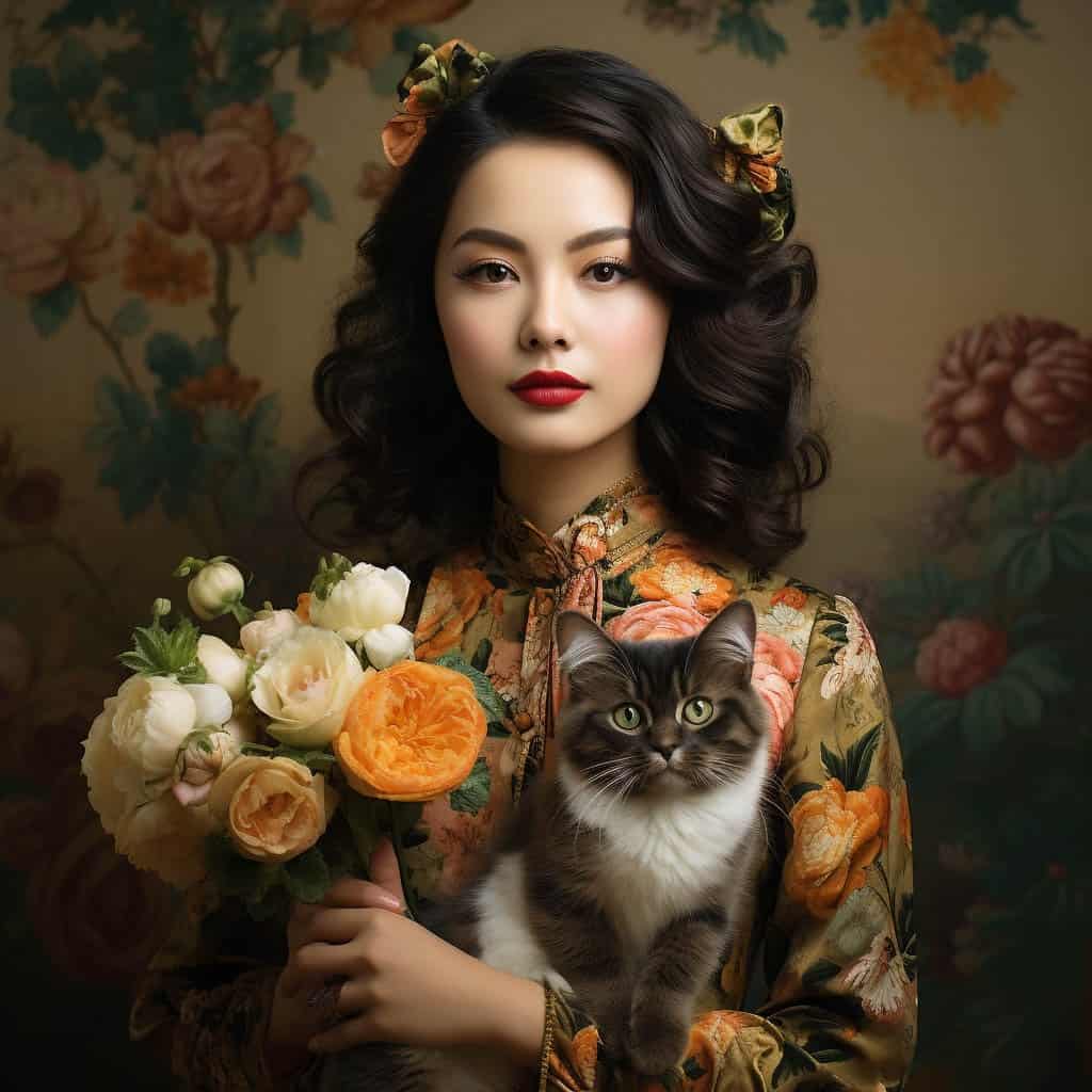 AI-generated portrait of an elegant woman with dark hair, wearing a floral dress, holding a bouquet of flowers and a cat, set against a floral-patterned background