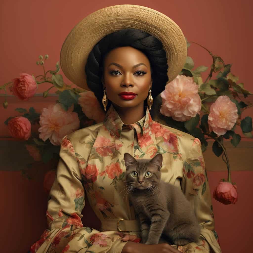 AI-generated portrait of an elegant woman wearing a straw hat and floral dress, holding a gray cat, set against a floral background with soft lighting