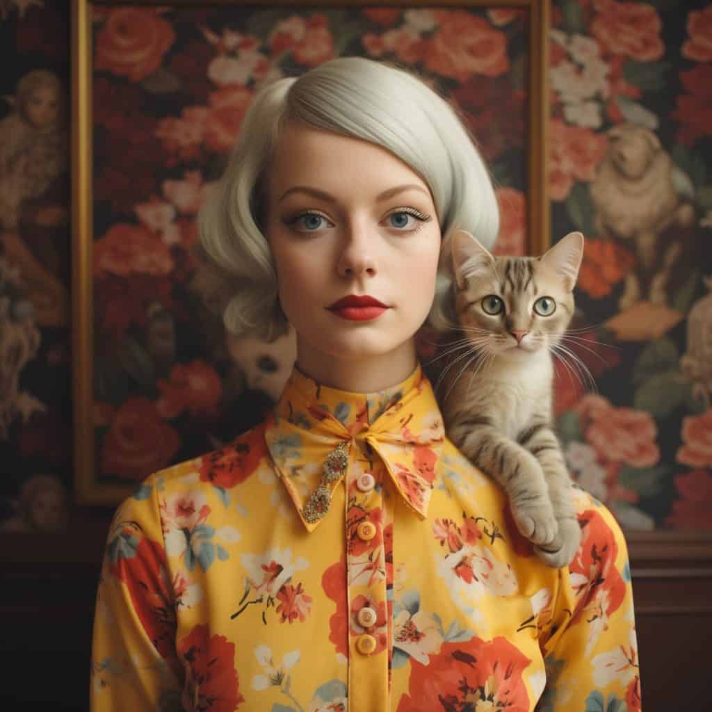 AI-generated portrait of a young woman with platinum blonde hair, wearing a yellow floral dress, with a cat on her shoulder, set against a floral wallpaper background