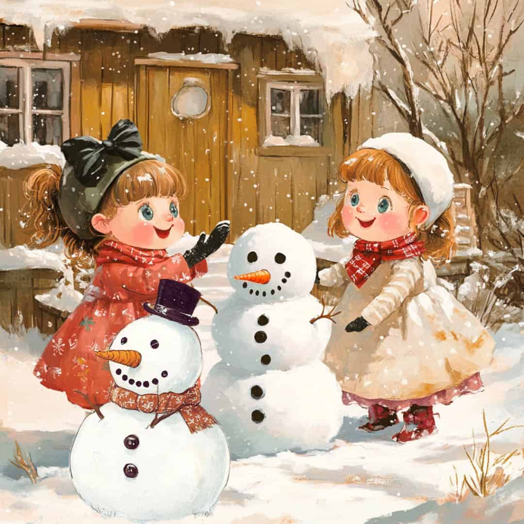 Two cheerful children building snowmen in a snowy yard in front of a wooden house, surrounded by falling snow.
