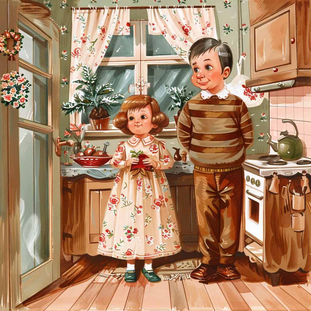Two cheerful children in a cozy kitchen with floral curtains, surrounded by festive decorations and warm wooden interiors.