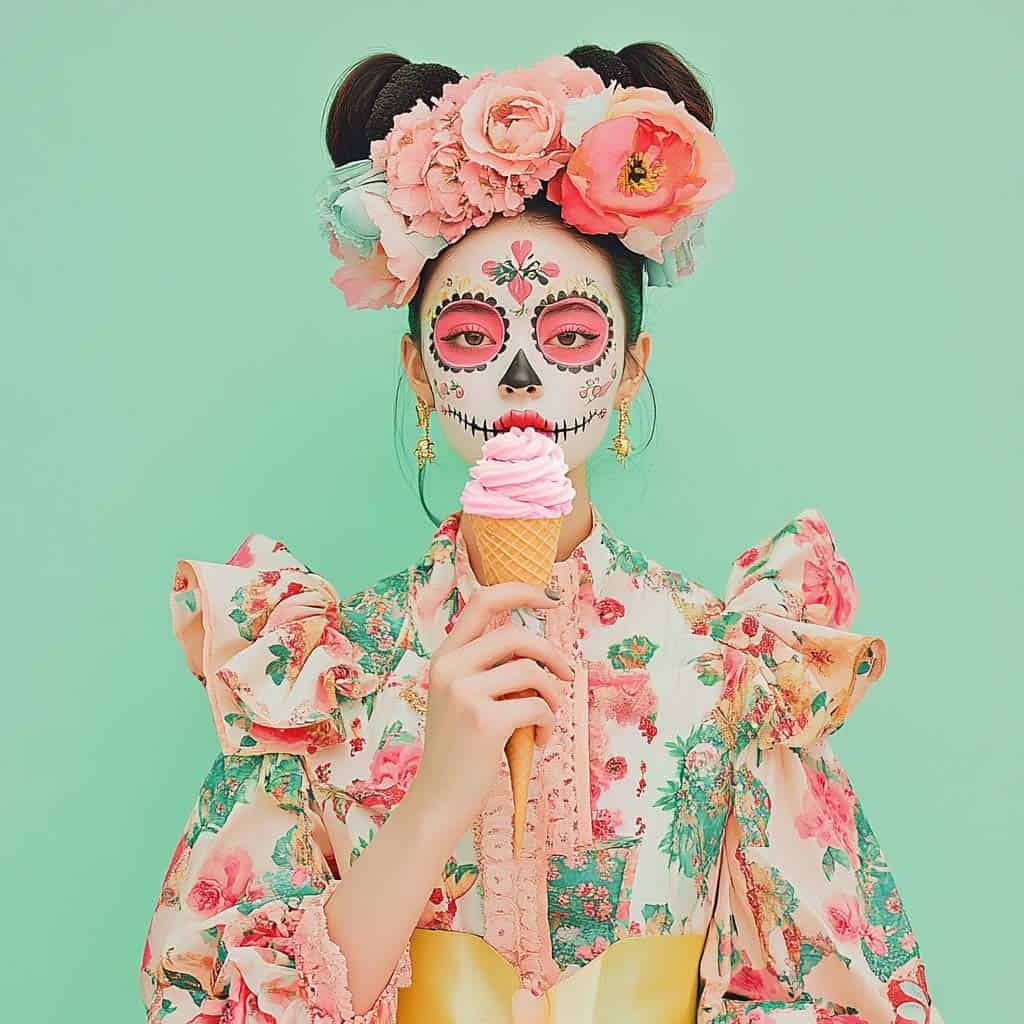 Portrait of a woman with Day of the Dead makeup holding a pink ice cream cone, wearing floral traditional dress and a flower crown on a pastel green background.