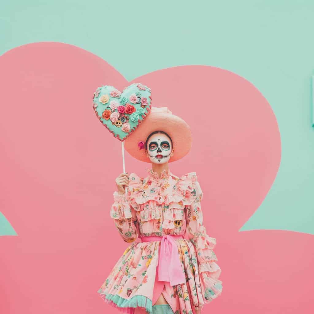 Portrait of a woman with Day of the Dead makeup holding a heart-shaped lollipop, dressed in pink floral attire with a wide-brimmed hat against a pastel pink and mint green background.