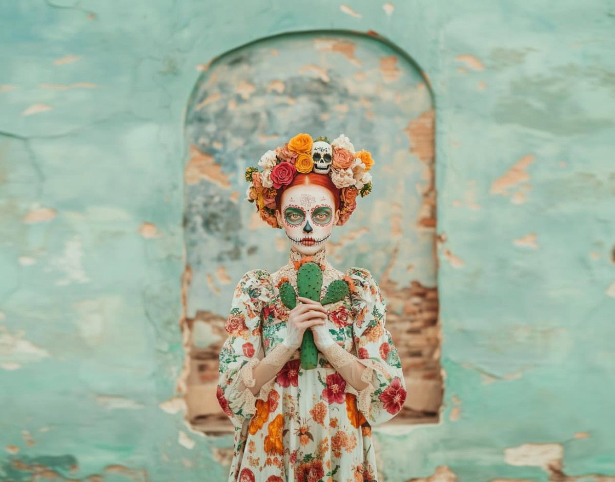 Portrait of a woman with Day of the Dead makeup holding a cactus, dressed in a floral gown and adorned with a flower crown, standing against a weathered teal wall.