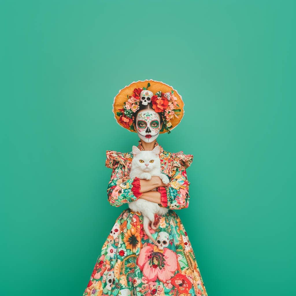 Portrait of a woman in Day of the Dead makeup holding a white cat, wearing a vibrant floral dress and a flower-adorned hat against a pastel green background.