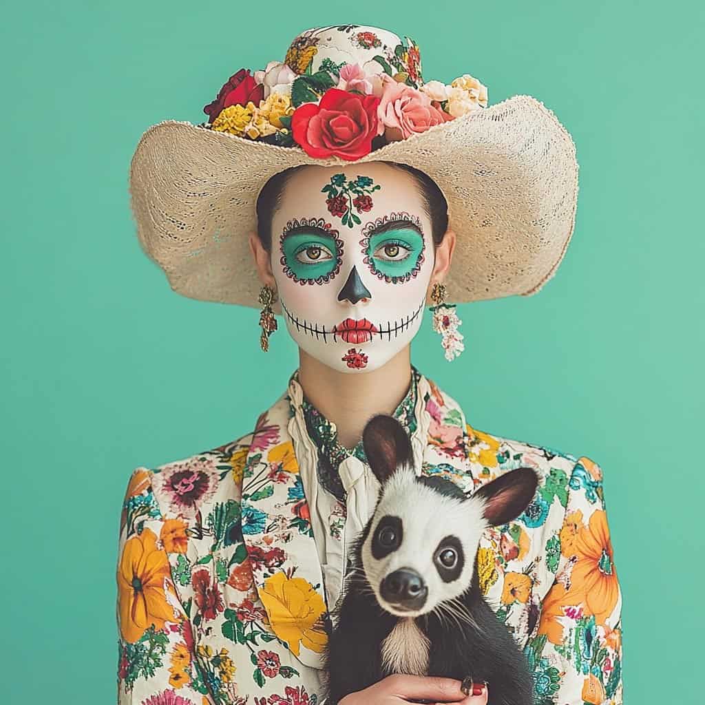 Portrait of a woman with Day of the Dead makeup holding an exotic animal, dressed in a floral outfit and wearing a flower-adorned hat against a green background