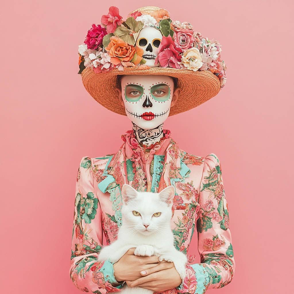 Portrait of a woman with Day of the Dead makeup holding a white cat, dressed in a floral outfit and wearing a large flower-adorned hat against a pink background.