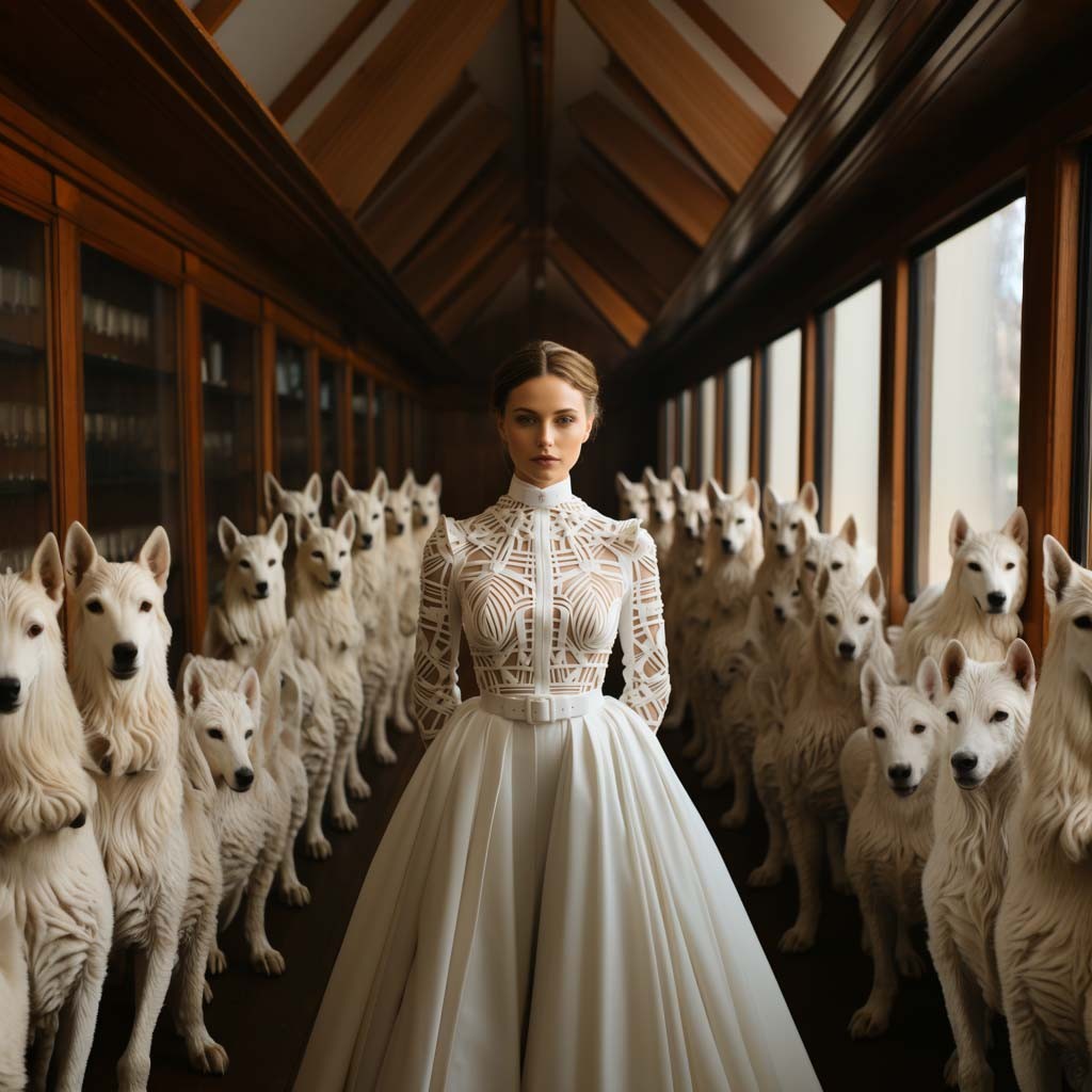 A poised bride in an intricately designed, white origami-inspired gown stands amidst a line of majestic white wolves in a grand hallway.