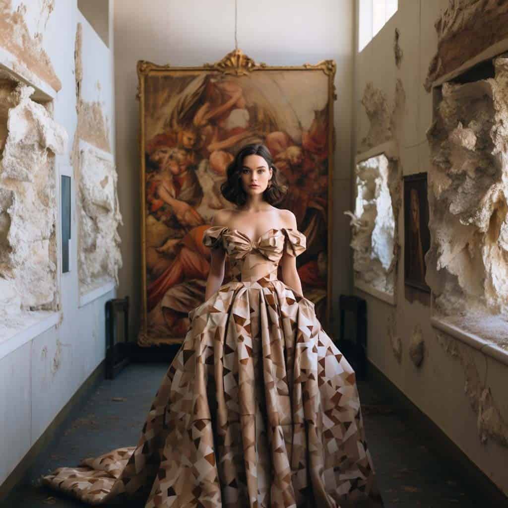 Elegant woman in an origami-inspired light brown gown in a museum-like setting.
