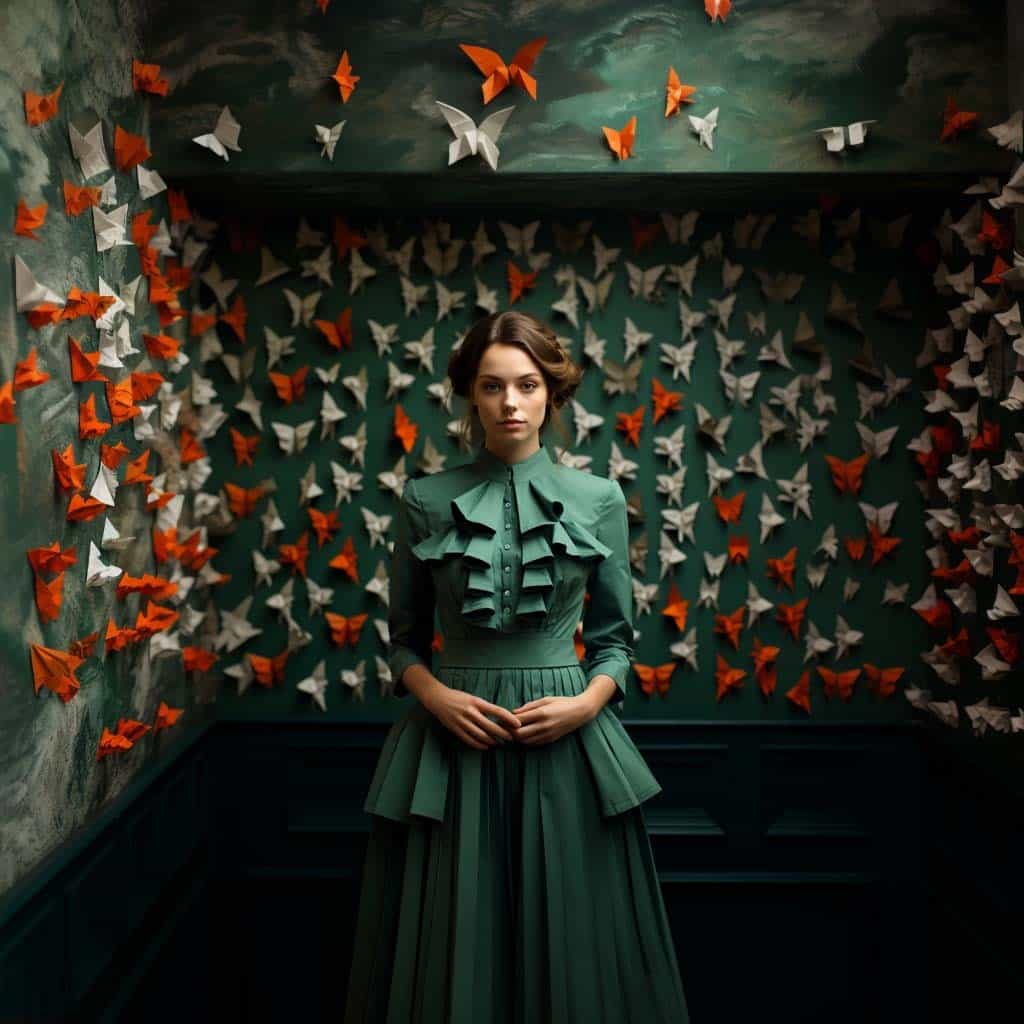 A sophisticated woman wearing a green origami-inspired dress stands against a dark green wall adorned with orange and white paper butterflies