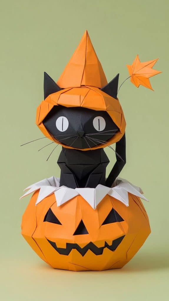 AI-generated artwork of a black cat in orange witch hat sitting in a jack-o'-lantern, rendered in origami paper art style