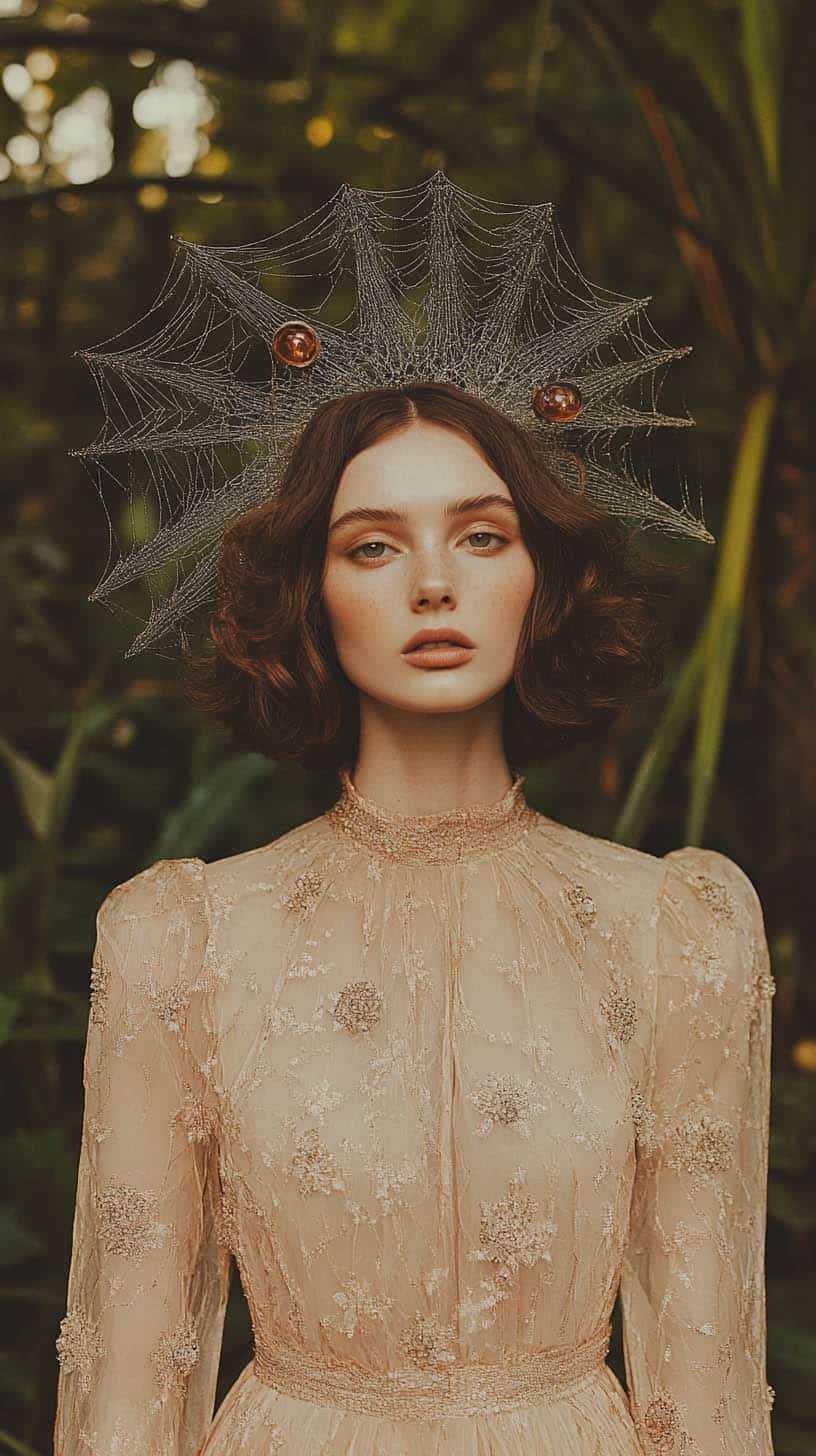 Elegant woman in a delicate embroidered beige gown with a spiderweb-inspired headpiece, standing against a lush green backdrop.