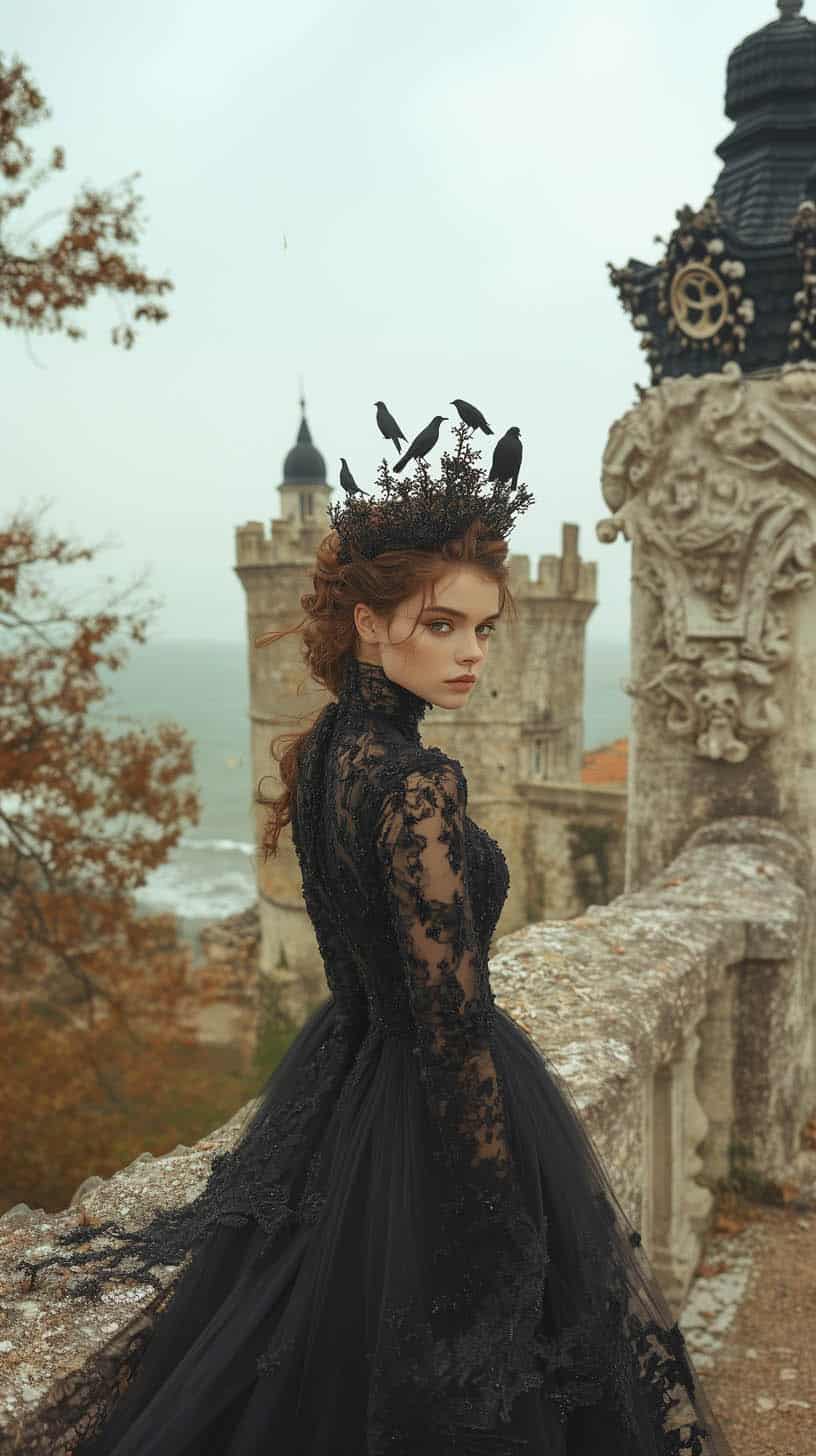 Elegant woman in a black lace gown and a crown adorned with black birds, standing in a castle courtyard overlooking the sea.