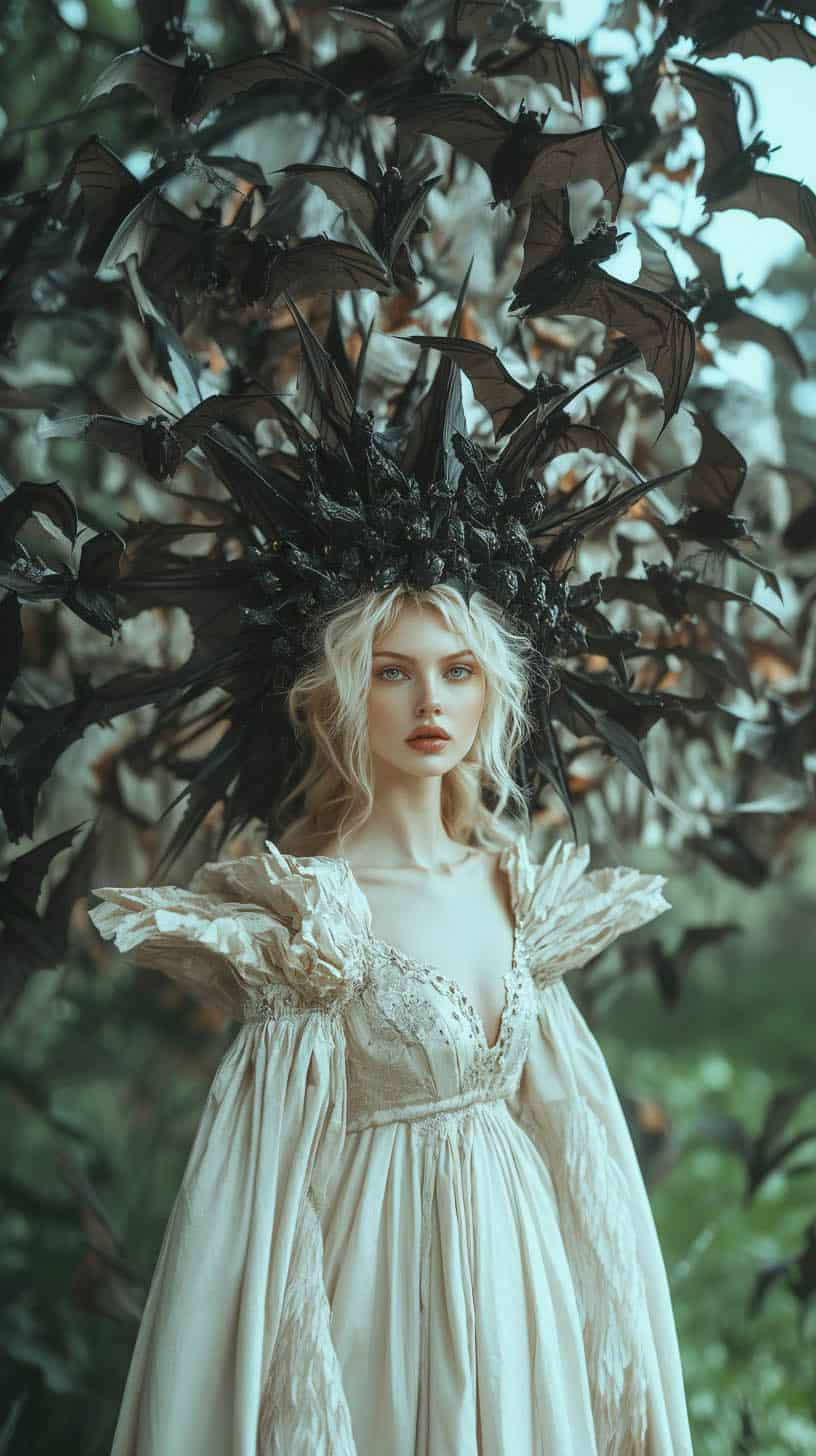 Elegant woman in a vintage cream gown with a dramatic headpiece adorned with black bats, set against a lush natural backdrop