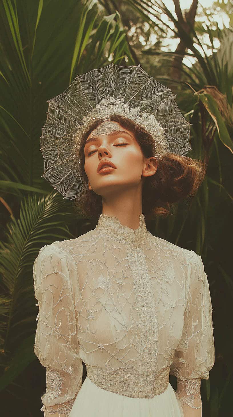 Elegant woman in a delicate embroidered ivory gown with a spiderweb-inspired headpiece, set against a lush green background.