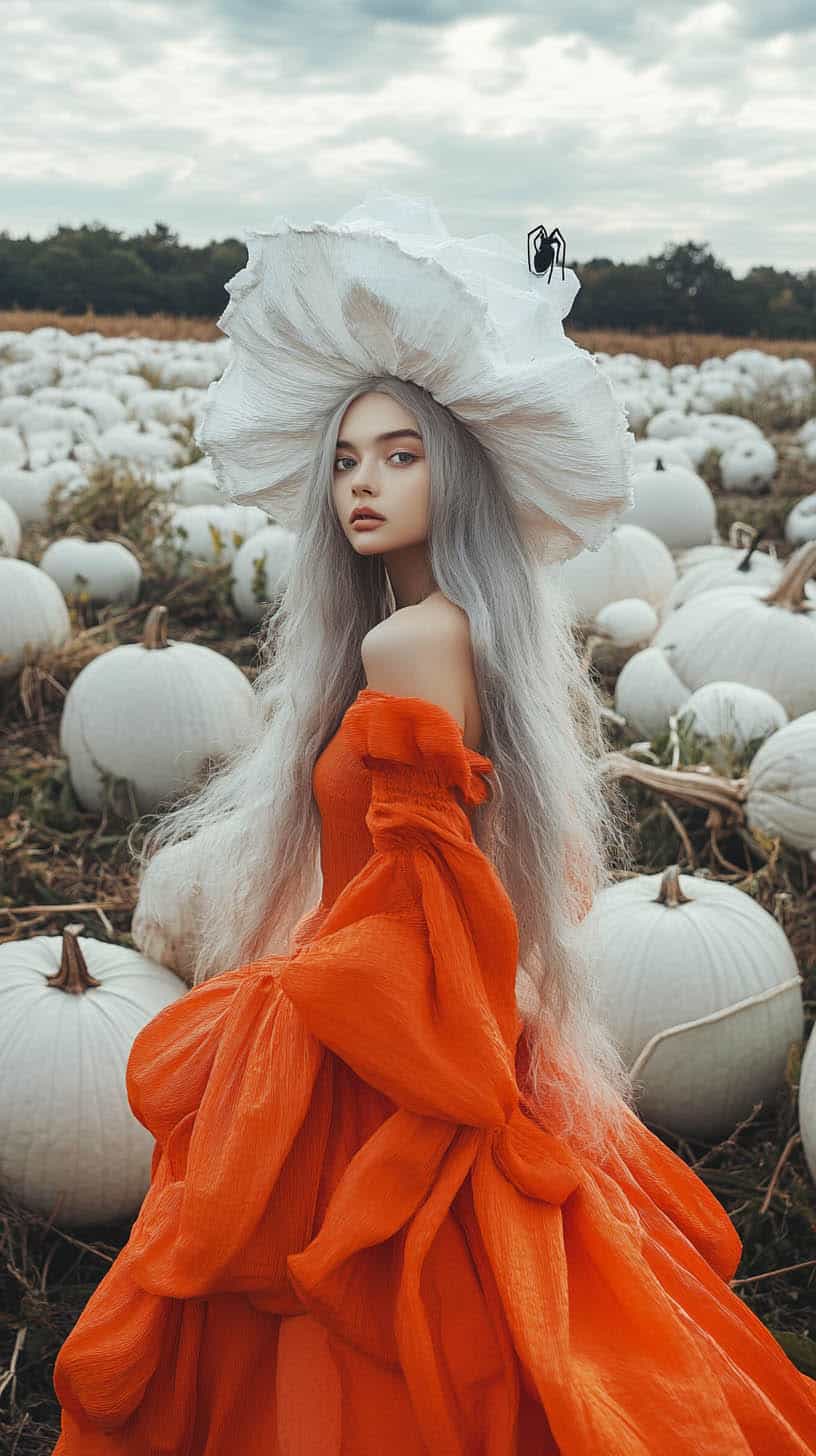 Elegant woman with long silver hair in an orange gown, wearing a sculptural white hat with a spider accent, standing in a field of white pumpkins.