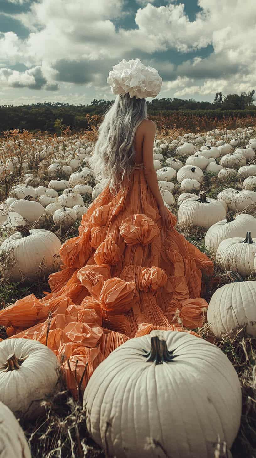 Elegant woman with long silver hair in a voluminous orange gown, standing in a field of white pumpkins under a cloudy sky.