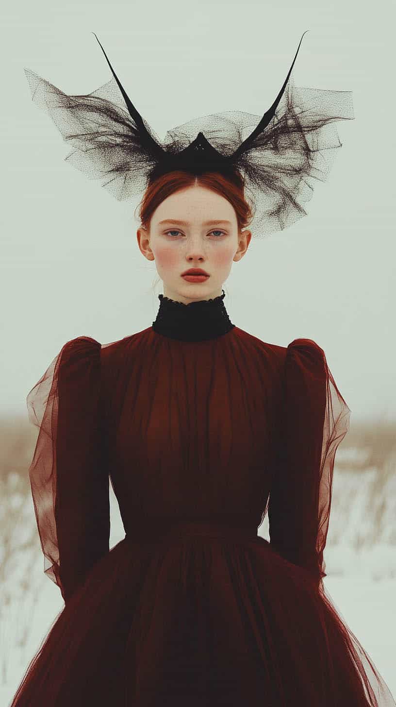 Elegant woman in a deep red gown with sheer sleeves and a dramatic black tulle headpiece resembling antlers, standing against a pale background
