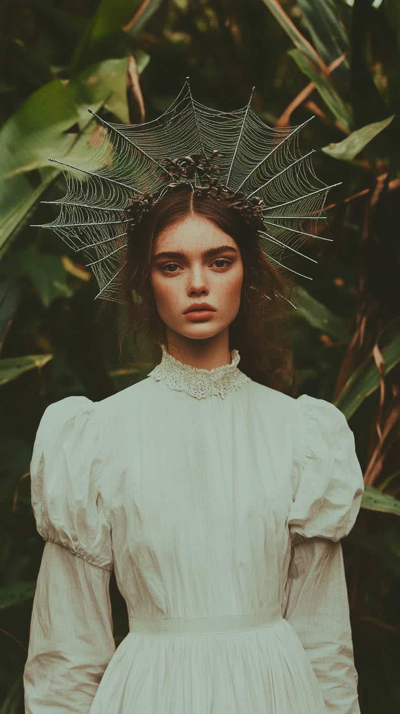 Elegant woman in a vintage white gown with puffed sleeves, wearing a dramatic spiderweb-inspired headpiece, set against a lush green background