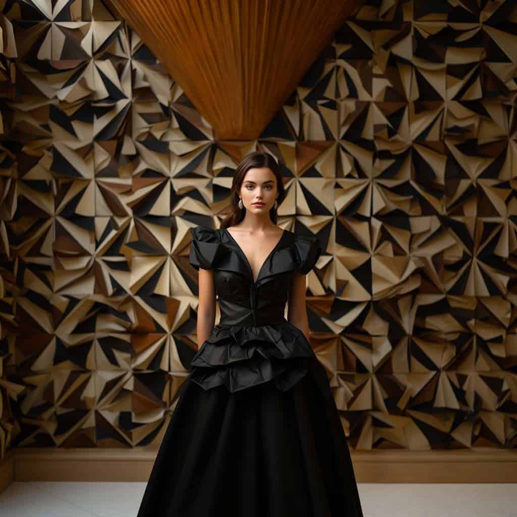 Elegant woman in a black haute couture dress with an origami-inspired wall art backdrop