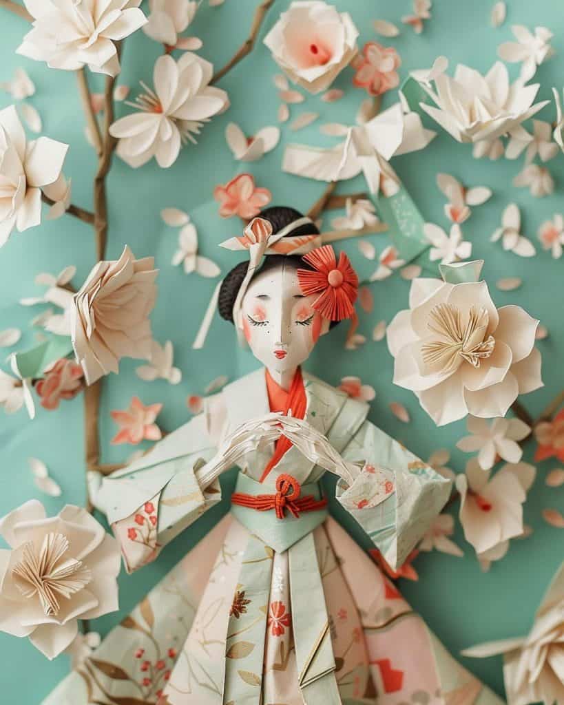 Delicate paper art of a geisha in traditional kimono surrounded by paper cherry blossoms on a turquoise background