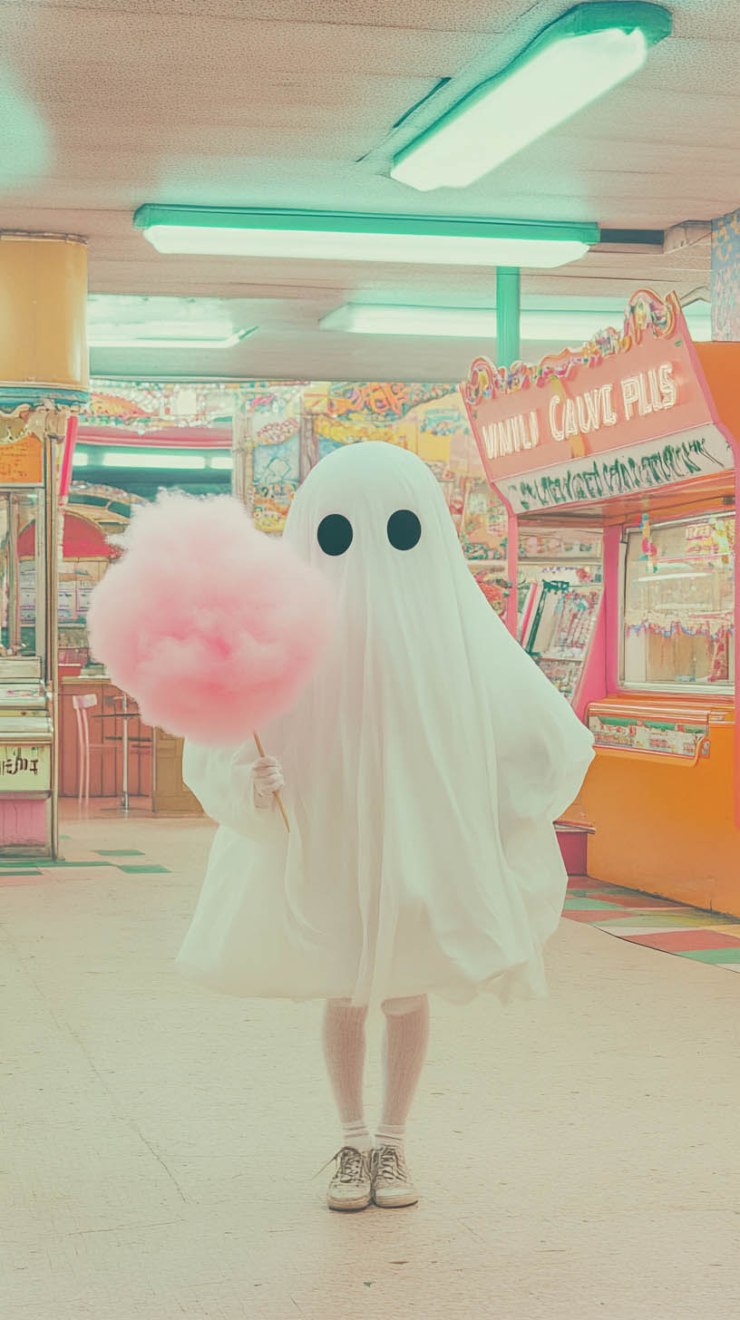 A whimsical ghost costume made from a white sheet with two black eye cutouts, holding pink cotton candy, standing in a retro arcade with colorful neon signs.