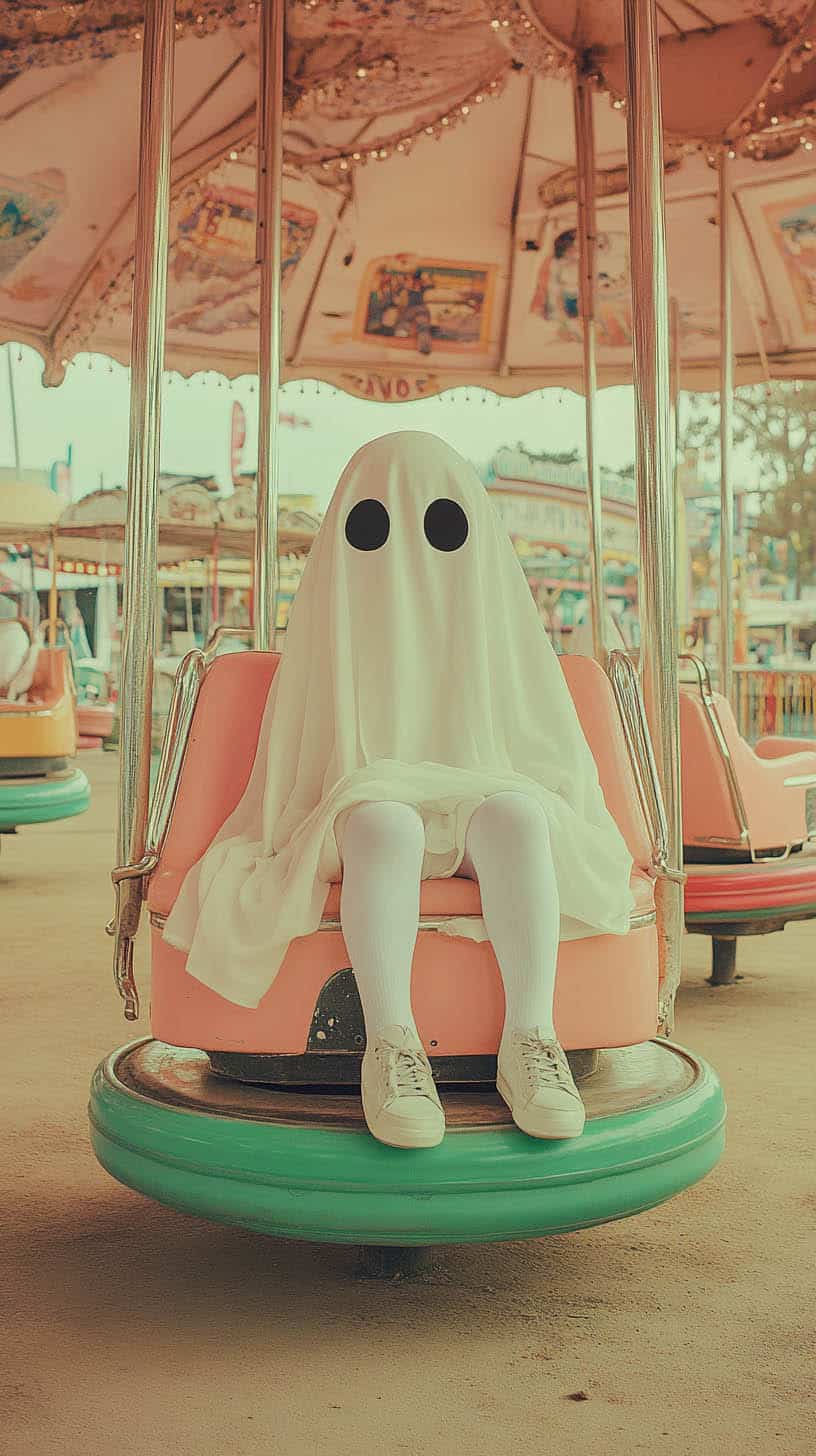 A ghost costume made from a white sheet with black eye cutouts sits on a pastel-colored carousel ride in a retro amusement park
