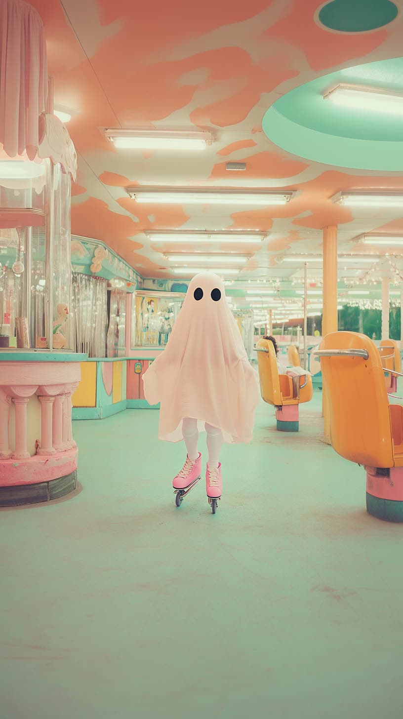 ghost costume made from a white sheet with black eye cutouts, wearing pink roller skates, gliding inside a pastel-colored retro arcade