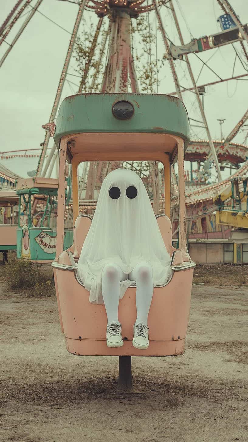 A ghost costume made from a white sheet with black eye cutouts sitting on a pastel-colored Ferris wheel seat in an abandoned amusement park