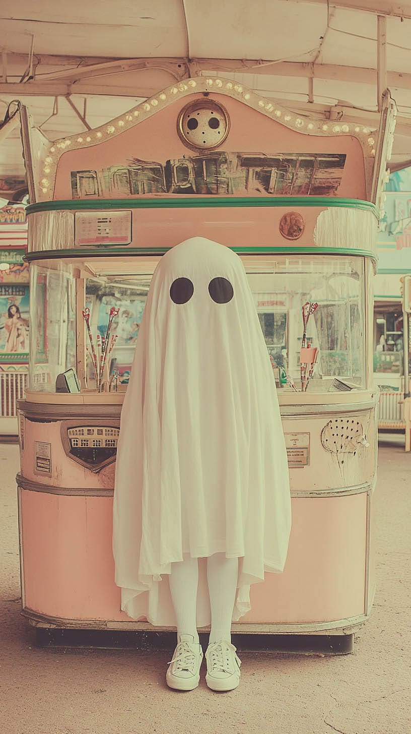 A ghost costume made from a white sheet with black eye cutouts standing in front of a pastel-colored vintage ticket booth at an old amusement park.
