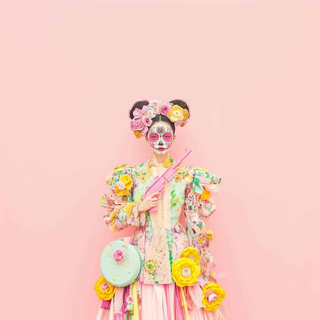 Whimsical portrait of a model with floral makeup and colorful attire holding a pink toy gun against a pastel pink background