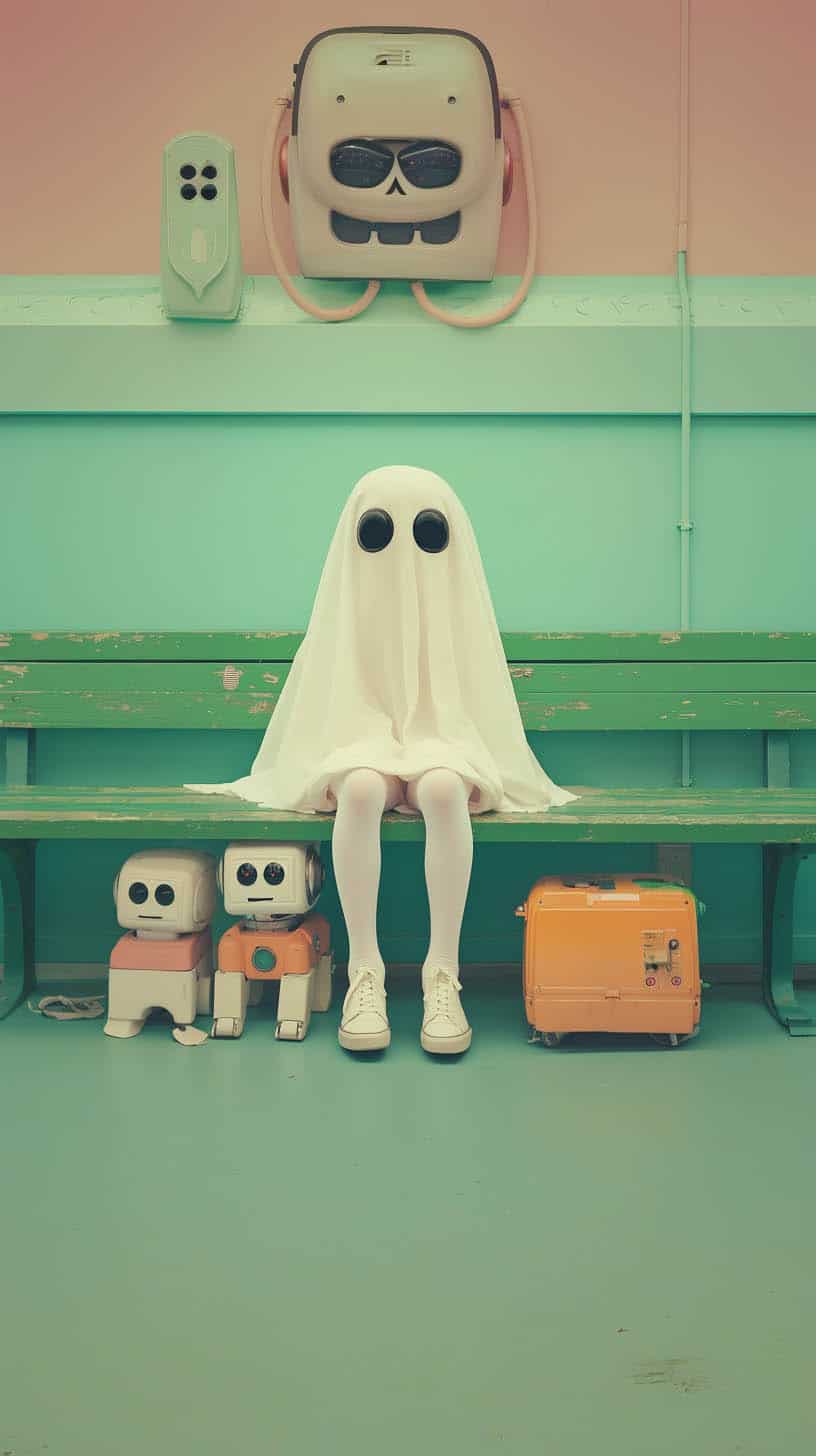 A ghost costume made from a white sheet with black eye cutouts sitting on a green bench surrounded by small toy robots and a retro skull-shaped backpack