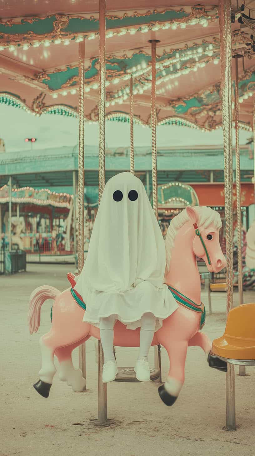A ghost costume made from a white sheet with black eye cutouts riding a pink carousel horse in a vintage amusement park.