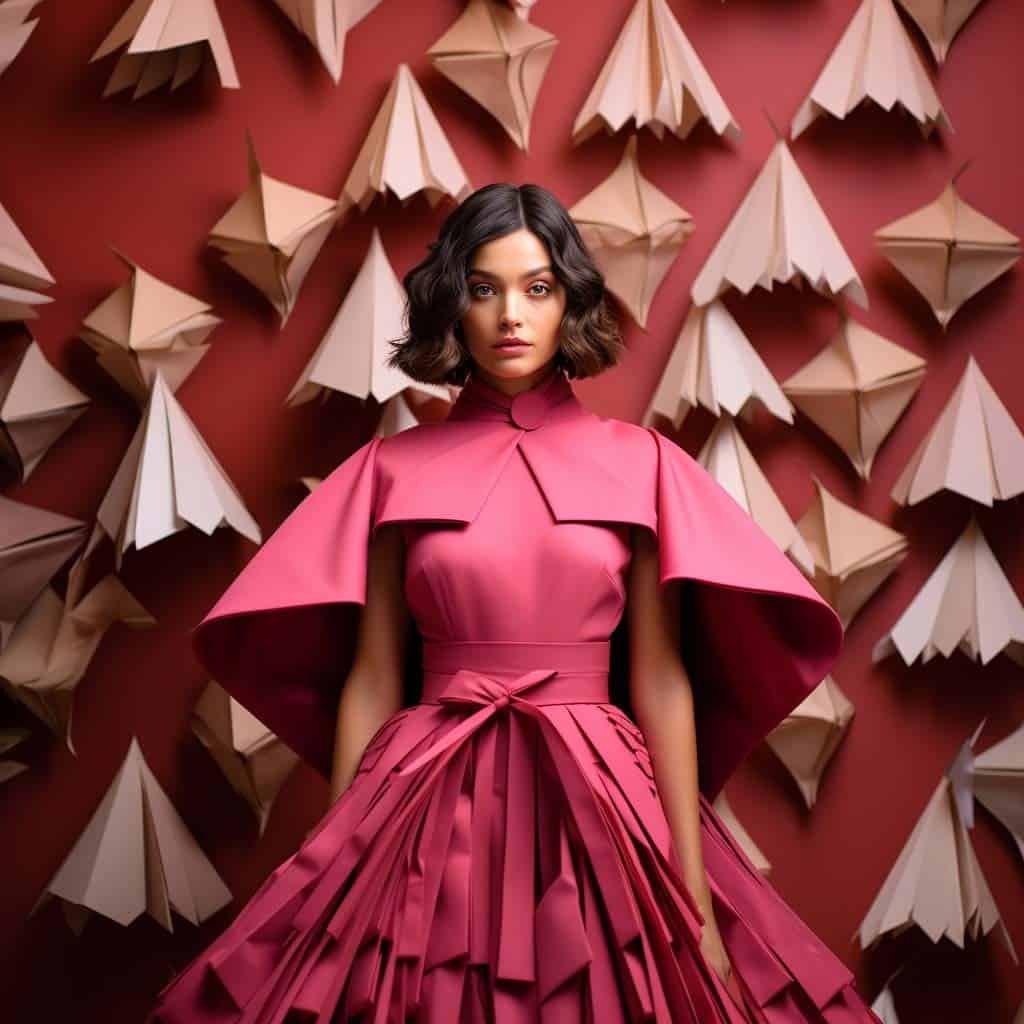 AI-generated art featuring a woman in an avant-garde, origami-inspired pink dress, standing against a background of folded paper shapes in earthy tones