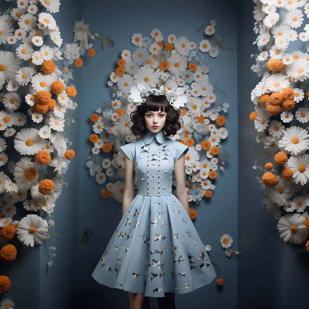 AI-generated image of a woman in a 1950s-inspired blue dress, surrounded by white and orange flowers with origami elements.