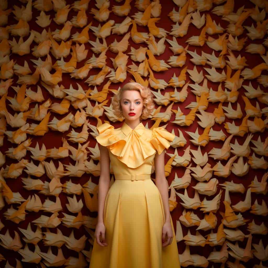 AI-generated image of a woman in a vintage yellow dress, standing against a wall of origami birds.