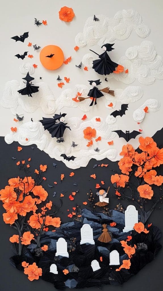 AI-generated paper art of a whimsical Halloween scene featuring origami witches flying over a cemetery with vibrant orange flowers, bats, and swirling clouds