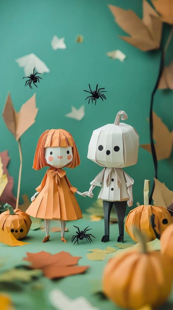 Whimsical paper art scene with two origami characters in Halloween costumes surrounded by pumpkins, autumn leaves, and spiders on a green background.